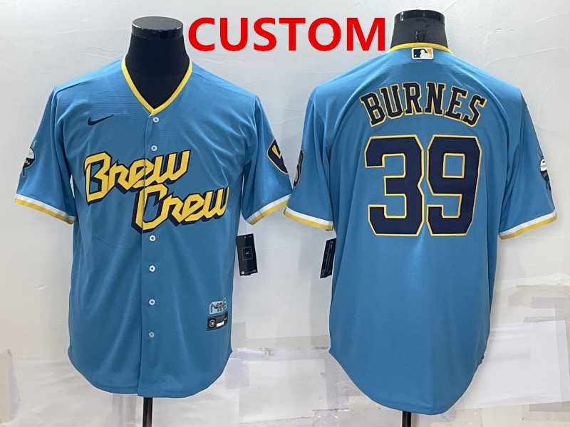 Mens Milwaukee Brewers Custom Blue 2022 City Connect Cool Base Stitched Jersey->customized mlb jersey->Custom Jersey